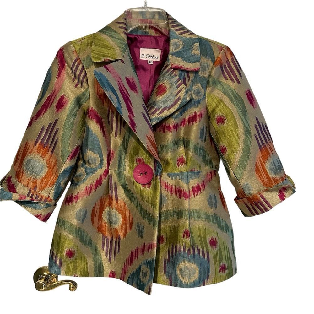 3 Sisters Ikat Print Blazer Small Boho Pink Lined Statement Jacket